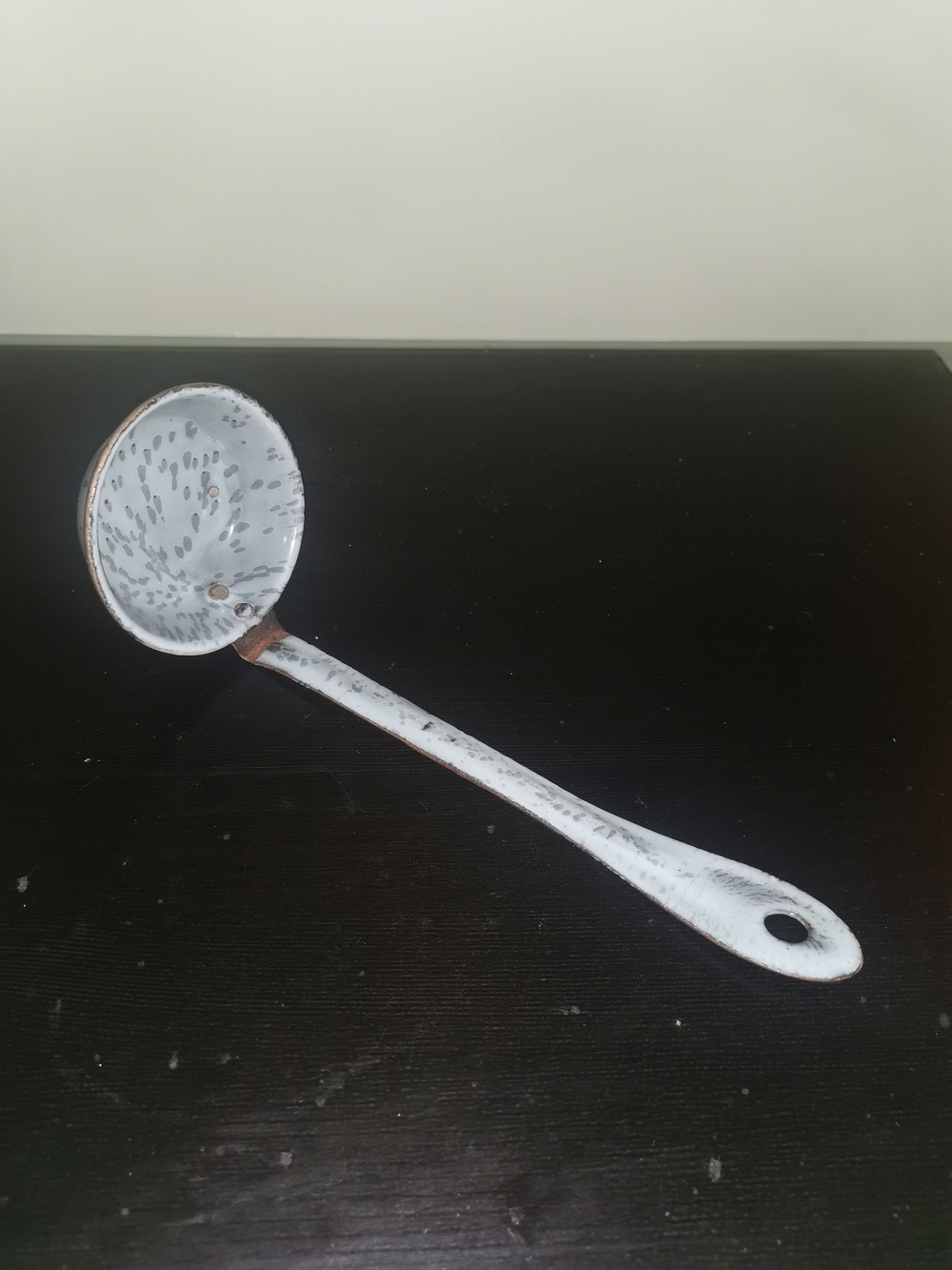Antique Blue White Speckled Enamel Graniteware 10" Ladle Handle